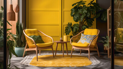 Seek solace and comfort in a sunny Scandinavian sanctuary with two chrs, a central table, and an empty canvas agnst a backdrop of warm yellow. 