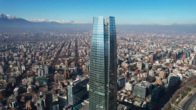 Costanera Sky At Santiago Metropolitan Region Chile. Futuristic Skyscraper Is Towering Over The Downtown City. Town Sky Clouds Backgrounds Urban. Town Panoramic City. Santiago Metropolitan Region.