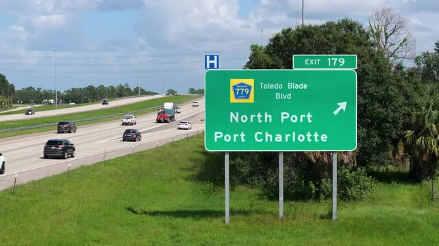 American interstate highway directional exit sign on fast motorway in Florida, USA. I-75 freeway junction leading to North Port and Port Charlotte