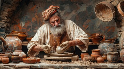 A bearded artisan shaping clay on a pottery wheel surrounded by handmade pots and earthenware in a rustic workshop.