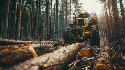 A large yellow tractor is driving through a forest, cutting down trees