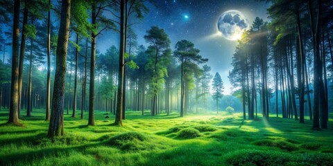 Moonlight Illuminates the Forest Floor, Digital Art, Forest, Moonlight, Night Sky , forest, nature