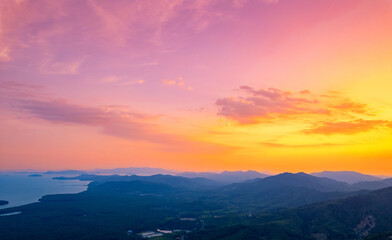 Beautiful aerial view nature landscape of Thailand, amazing sunset Phang Nga bay tropical tree