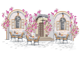Series of backgrounds decorated with flowers, old town views and street cafes. Cafe window.   Hand drawn vector architectural background with historic buildings. 