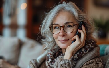 A smiling older woman wearing glasses and a scarf talks on a cell phone while sitting indoors