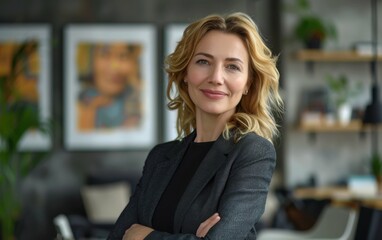Fototapeta premium A mid-aged woman with blonde hair, wearing a black blazer, smiles confidently while standing in an office setting