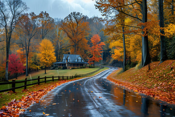 Obraz premium Rain traveling through a landscape of fall colors 