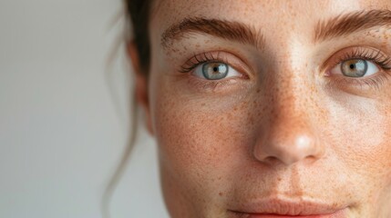 A woman with freckles and blue eyes looks directly at the camera.