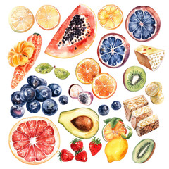 Set of fruits watercolor illustration isolated on transparent. png file for art work, posters, posters, cards, holiday decor.