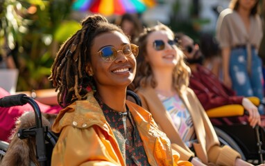 A disabled woman with dreadlocks and sunglasses smiles brightly while sitting in a wheelchair at an outdoor event