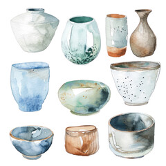 Set of ceramic bowls watercolor illustration isolated on transparent. png file for art work, posters, posters, cards, holiday decor.
