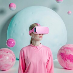 Naklejka premium Man / Woman wearing a pair of virtual reality goggles, metaverse, VR, virtual reality, Generative Ai