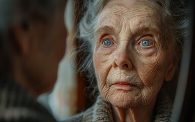 A close-up portrait of an elderly woman with white hair and blue eyes gazing into the distance, her face showing the signs of time and experience