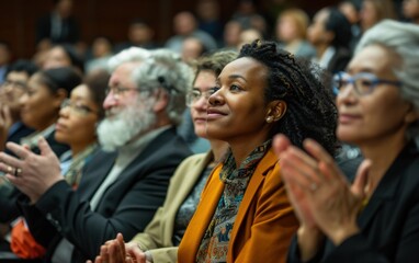 A multi-ethnic audience, seated in an amphitheater, claps their hands during a formal gathering