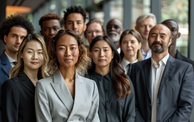 Fototapeta premium A group of multiethnic professionals of different ages stand in a line looking at the camera, dressed in business attire