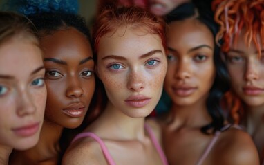 Obraz premium A group of four young women with diverse ethnicities stand together, smiling for a close-up portrait