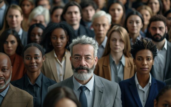 A multi ethnic group of people of different ages look directly at the camera during a public gathering. The man in the center of the image has a beard and wears glasses