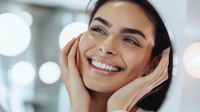 A woman smiles brightly while looking into a mirror. Her hands are gently touching her face.