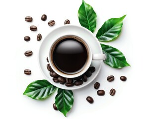 Fototapeta premium Coffee Cup Surrounded by Beans and Leaves