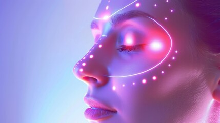 A woman's face is illuminated by neon lights, creating a futuristic and surreal effect.