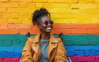 A woman in a wheelchair smiles as she sits in front of a colorful brick wall. She is wearing sunglasses and a brown leather jacket