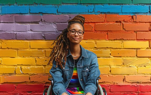 A Black woman in a wheelchair wearing a denim jacket smiles confidently against a brick wall painted in rainbow colors