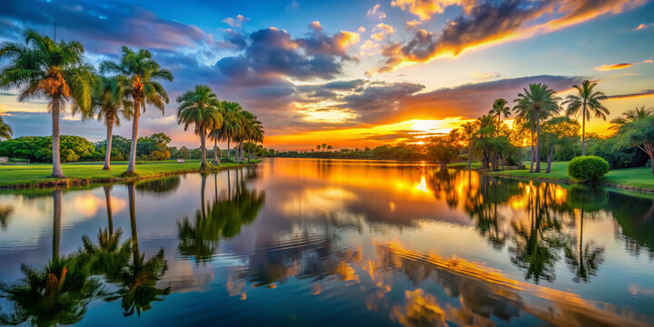 Serene sunset over tranquil waters of a lake in Coral Springs, Florida, surrounded by lush green palm trees and vibrant tropical foliage.