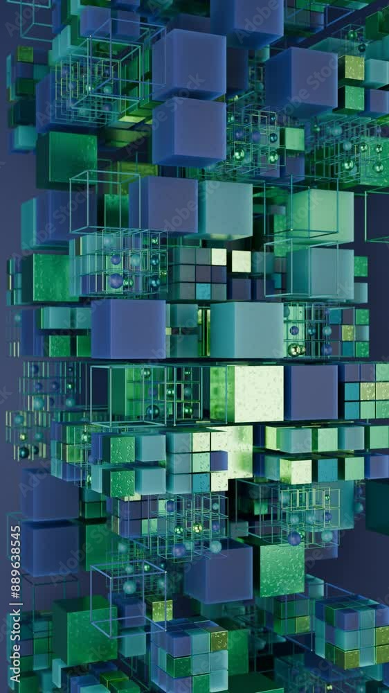 Poster abstract 3d animation of an array of cubes of different sizes and materials. the array rotates and m
