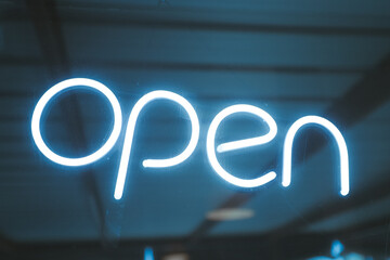 Urban City Light Up Blue Neon White Open Sign Outside Store Restaurant Bar Pub