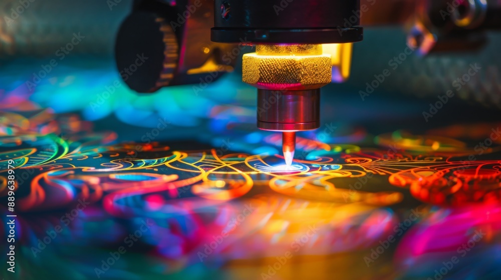 Poster A laser engraving machine creates an intricate design on a surface. The laser beam is focused on the material, cutting away the top layer and creating a detailed pattern.