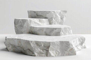 Product Podium - Three Asymetrical White Stone Podiums, White Background. 3D Illustration, Generative AI