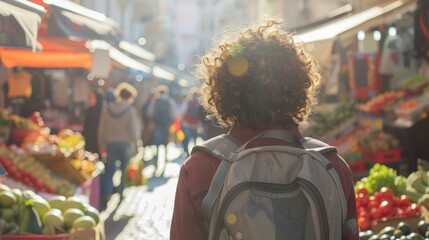 Curlyhaired Traveler Wanderlust Adventure in Colorful Market Street Fresh Produce Local Life Vibrant Atmosphere Stock Image