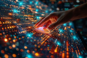  Hand touching a spinning data flow, data flow processing visualization background 