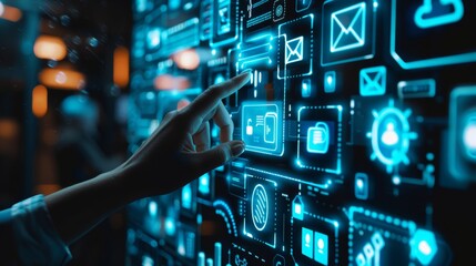 Digital Innovation Businessperson's Hand Engaging with Holographic Interface in Neonlit Office Technology Cloud Storage Email Analytics Icons Modernity and Expertise in Business Environments