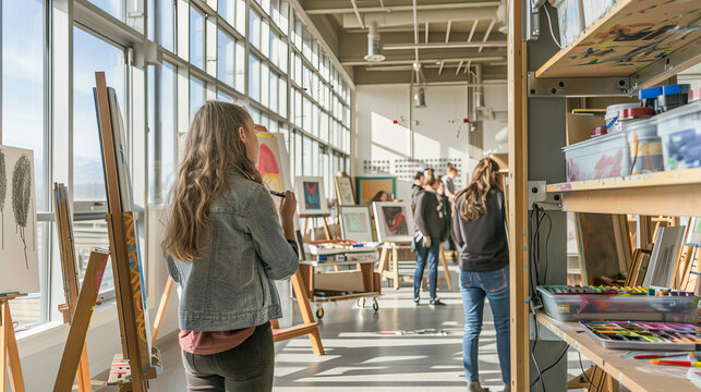 High school art class with students painting and drawing in studio