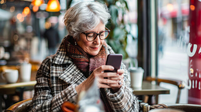 Senior woman enjoying coffee at a cafe while using smartphone, wearing stylish coat and scarf