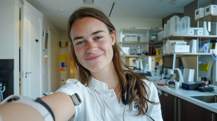 Obraz premium Smiling Female Scientist in Modern Laboratory Taking a Selfie