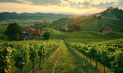 Scenic Vineyards Backdropped by Winery Splendor