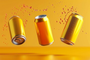 12 oz.  350ml Aluminium Can Mockup - Three Floating Cans.  3D Illustration, Generative AI
