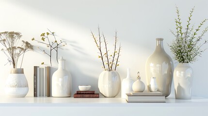 Contemporary home decor items including vases, candles, and books on a stylish white background. 32k, full ultra HD, high resolution