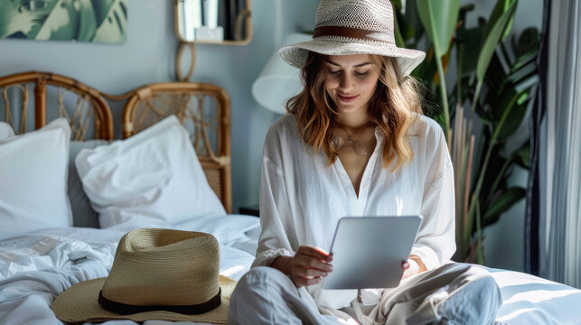 Young woman in white attire and sun hat sitting on a bed using a digital tablet in a cozy, plant-filled bedroom, enjoying a relaxed morning