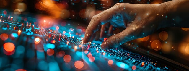  Hand touching a spinning data flow, data flow processing visualization background 