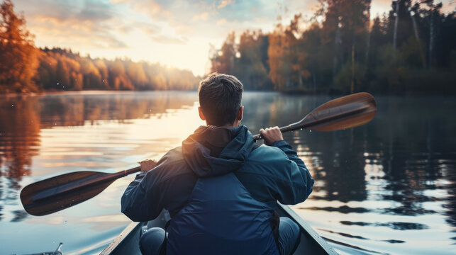 Man paddling canoe on serene lake during sunset in autumn forest