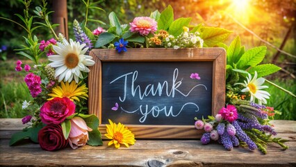 A beautiful, colorful, handwritten thank you message on a rustic wooden chalkboard surrounded by lush greenery and vibrant flowers outdoors.