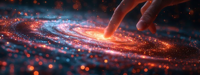  Hand touching a spinning data flow, data flow processing visualization background 