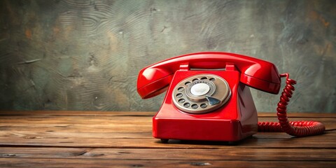 Red Rotary Phone on Wooden Table, vintage, retro, communication, dial-up