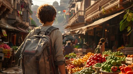 Naklejka premium Vibrant Market Scene Young Traveler Explores Colorful Produce Stalls in Historic City Street