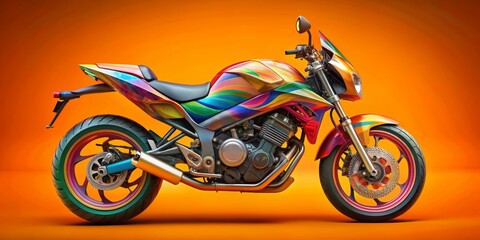Fototapeta premium Rainbow Motorcycle on Orange Background, 3D Render, motorcycle, chrome, custom, paint