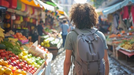 CurlyHaired Traveler Explores Bustling Market Street Filled with Colorful Produce Stalls and Historic Buildings Vibrant Scene of Adventure and Cultural Exploration