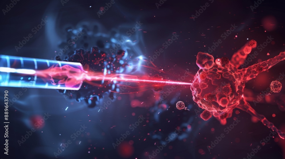 Poster a red laser beam shoots from a futuristic device, targeting a red virus cell in a microscopic battle